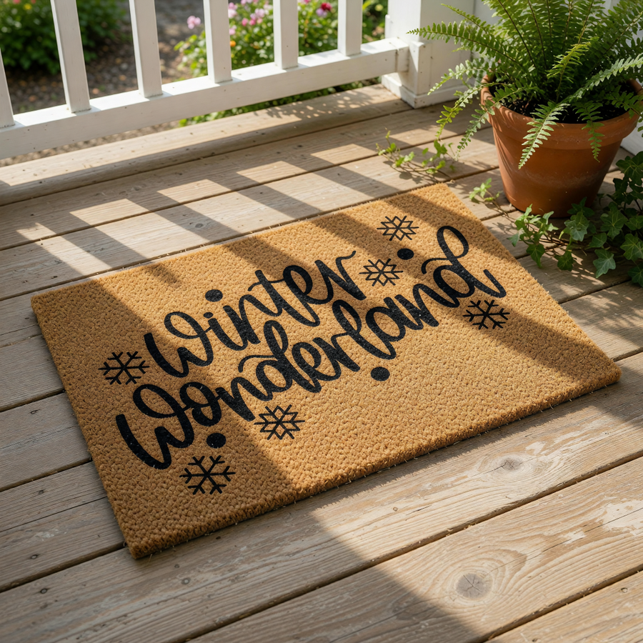 Winter Wonderland doormat featuring black script text and snowflake icons on a natural coir fiber mat, perfect for holiday porch decor, seasonal entryway rugs, and festive home entrance floor mats for the cold weather season.