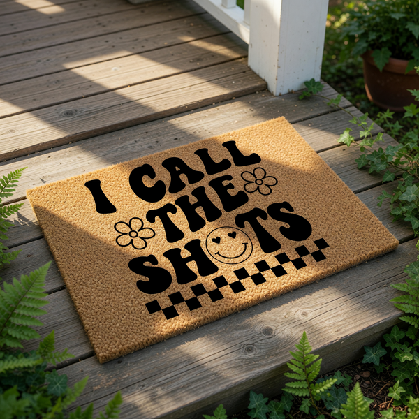 I Call The Shots doormat with a retro groovy design featuring black text, flower icons, and a smiley face on a natural coir fiber welcome mat, perfect for a fun front porch entry or a stylish home decor statement piece.