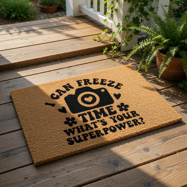Photographer doormat with I Can Freeze Time What Is Your Superpower text and a camera icon, featuring a natural coir fiber welcome mat design for front porch decor that makes a fun gift for photography lovers and camera