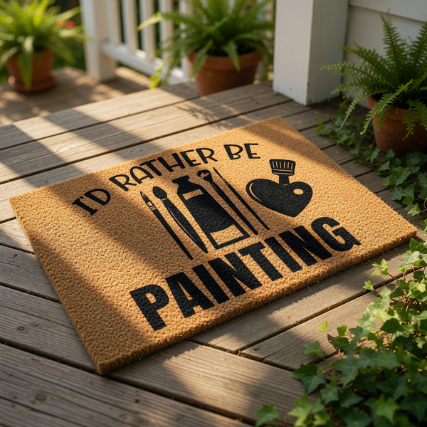 I'd Rather Be Painting doormat featuring a natural coir fiber welcome mat with black text and art supply icons, perfect for an artist home decor entrance or a creative studio floor mat for painters and hobbyists who love art.