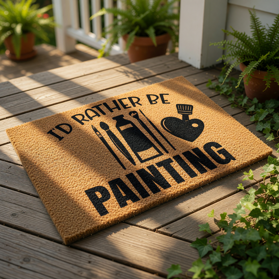I'd Rather Be Painting doormat featuring a natural coir fiber welcome mat with black text and art supply icons, perfect for an artist home decor entrance or a creative studio floor mat for painters and hobbyists who love art.