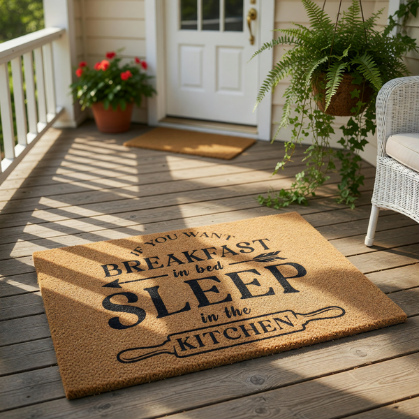 Funny kitchen doormat with text reading If You Want Breakfast In Bed Sleep In The Kitchen, featuring a natural coir fiber welcome mat design that makes a humorous housewarming gift for home decor and entryway floor mats.