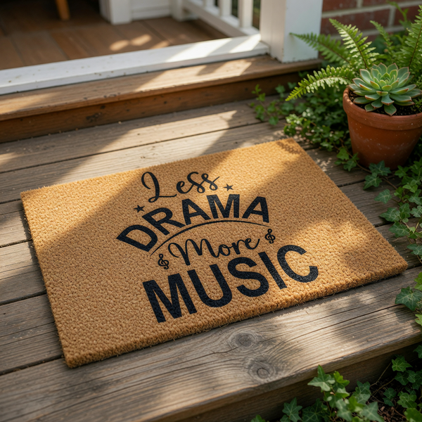 Less Drama More Music coir doormat featuring bold black typography on a natural fiber welcome mat, a funny musical front porch rug for musicians, music teachers, or home entryways that adds a stylish touch to your house decor.