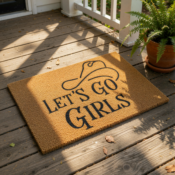 Cowboy hat doormat with Let's Go Girls text, a natural coir fiber welcome mat for front porch decor featuring a western country theme, perfect for a farmhouse entryway or a fun housewarming gift for a cowgirl who loves western
