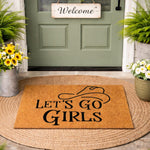 Let's Go Girls cowboy hat doormat for front porch decor, featuring a natural coir fiber welcome mat with black text and a western hat design, perfect for a farmhouse entryway or a fun country style home entrance floor rug.