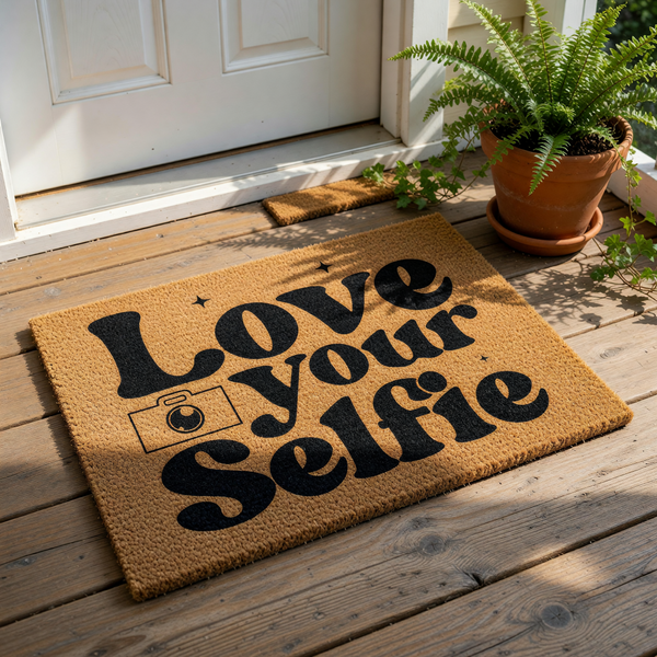Love Your Selfie coir doormat with a camera icon, featuring bold black typography on a natural fiber welcome mat for your front porch, entryway, or apartment door decor, creating a stylish and fun entrance for photography lovers.