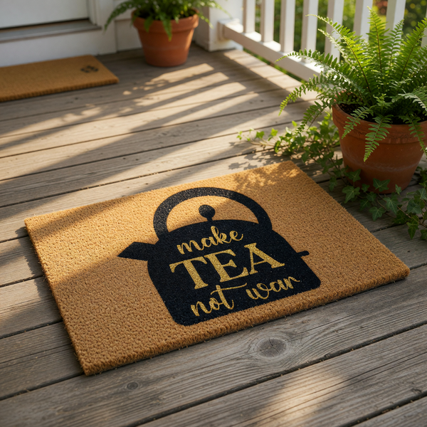 Make Tea Not War coir doormat featuring a black kettle graphic on a natural fiber welcome mat, perfect for a kitchen or front porch entry decor, this durable outdoor floor rug adds a fun and quirky touch to your home entrance.
