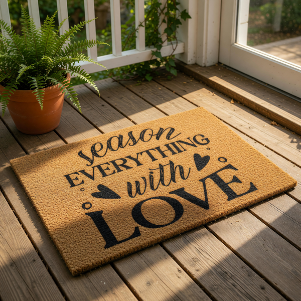Season Everything With Love coir doormat featuring black typography and heart icons on a natural fiber welcome mat, perfect for a farmhouse kitchen entry or front porch decor to add a warm and inviting touch to your home entrance.