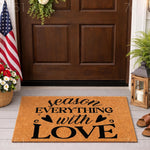 Season Everything With Love doormat featuring black typography on a natural coir fiber welcome mat, displayed on a front porch with a brown door, American flag, and lantern for a stylish home entrance and outdoor decor entryway