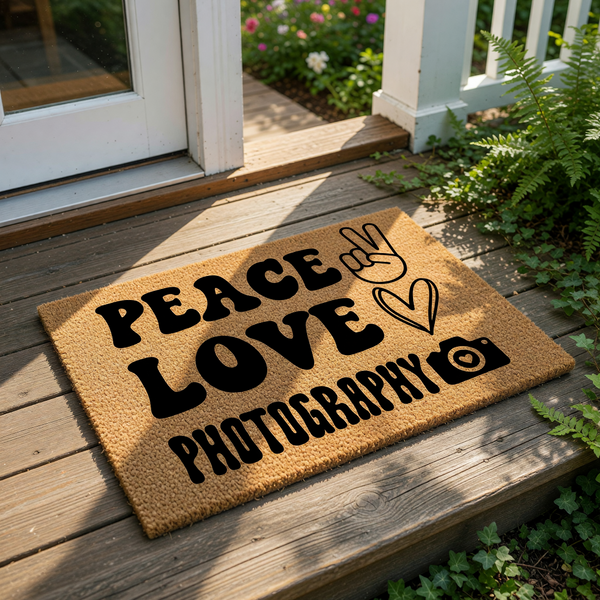 Photography welcome doormat featuring a peace sign, heart, and camera icon on natural coir fiber, this funny front door mat is a stylish entryway rug for photographers and studio decor that adds a fun touch to any home entrance.
