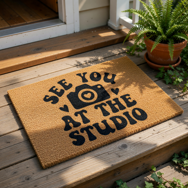 Photography studio doormat with a camera icon and the text See You At The Studio, this natural coir welcome mat features a durable fiber construction for front porch decor, perfect for photographers and creative business