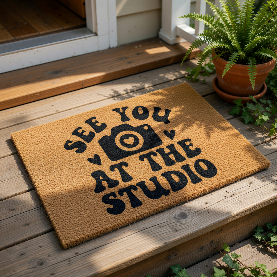 Photography studio doormat with a camera icon and the text See You At The Studio, this natural coir welcome mat features a durable fiber construction for front porch decor, perfect for photographers and creative business