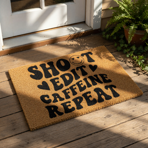 Photography lover coir doormat featuring bold black text that reads Shoot Edit Caffeine Repeat with a smiley face and heart icons, making this a fun welcome mat for a photographer studio or home office entrance decor.