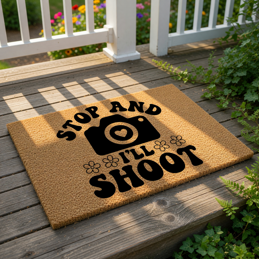 Photography lover doormat with a camera icon and text that reads Stop and I'll Shoot, featuring a natural coir fiber welcome mat design for photographers, studio decor, or a front porch entrance for camera enthusiasts and