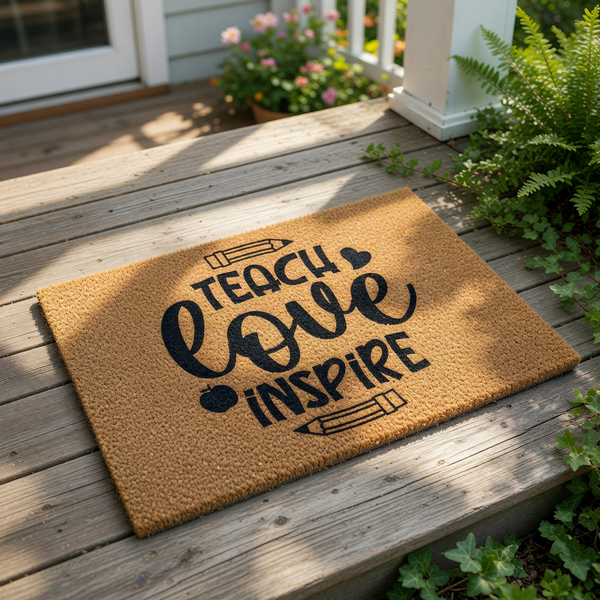 Teacher appreciation doormat featuring the words Teach Love Inspire with pencil and apple icons on a natural coir welcome mat, perfect for a classroom entrance or a school teacher front porch decor for the new school year.