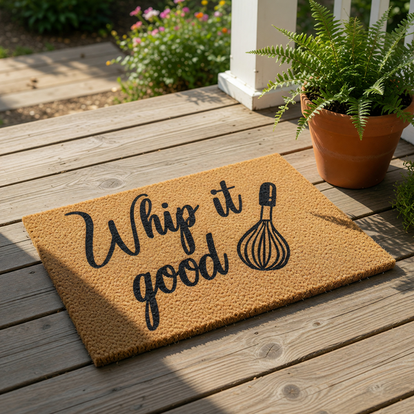 Whip it good kitchen doormat featuring a whisk illustration on natural coir fiber, this funny cooking themed welcome mat is a stylish floor rug for home bakers and chefs who love baking puns and cute kitchen decor for their