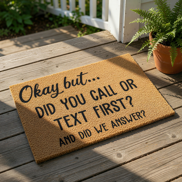 Funny doormat with text Okay but did you call or text first and did we answer, a natural coir fiber welcome mat for front porch decor that features bold black lettering on a durable brown outdoor rug for home entryways and