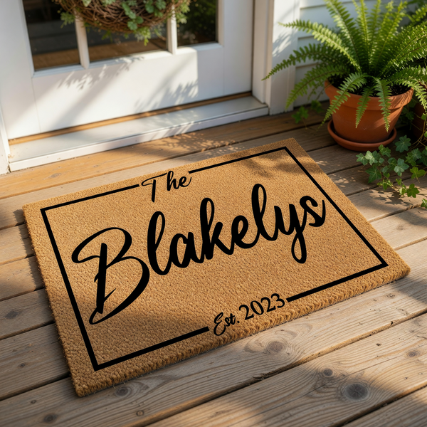Personalized family name coir doormat featuring a custom established year design, this durable outdoor welcome mat is a stylish housewarming decor piece for your front porch entry, perfect for new homeowners and custom home decor.