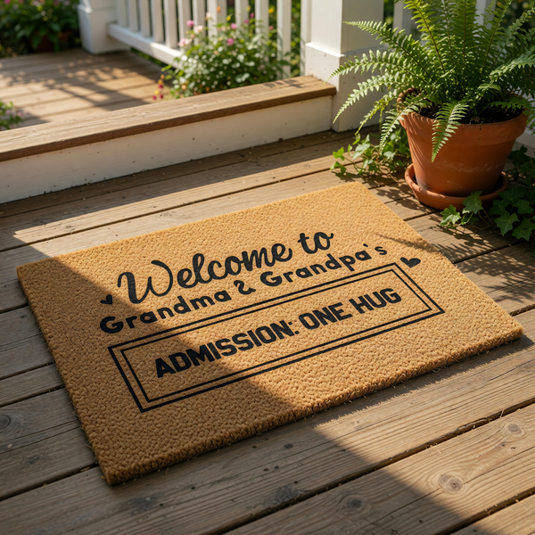 Grandma and Grandpa welcome doormat made of natural coir fiber, featuring a funny entrance rug design that reads Admission One Hug, perfect for a front porch or entryway decor for a loving grandparent home.