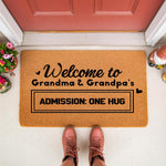 Grandma and Grandpa welcome doormat featuring a funny admission one hug message on natural coir fiber, perfect for a front porch entry way, this durable outdoor floor mat adds a warm touch to any home entrance for visiting family