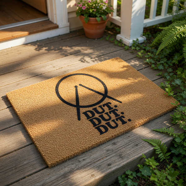 Drummer doormat with a natural coir fiber texture featuring a black graphic of drumsticks inside a circle and the text DUT DUT DUT, making this a fun music themed welcome mat for a musician or drum player home entrance decor.