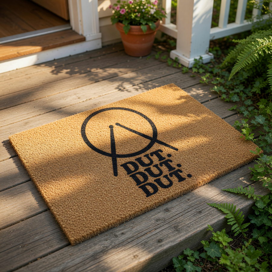 Drummer doormat with a natural coir fiber texture featuring a black graphic of drumsticks inside a circle and the text DUT DUT DUT, making this a fun music themed welcome mat for a musician or drum player home entrance decor.