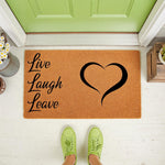 Live Laugh Leave doormat with a heart design, this funny coir welcome mat for front porch decor features bold black text on a natural fiber rug, creating a humorous entryway floor mat for your home or apartment door step.