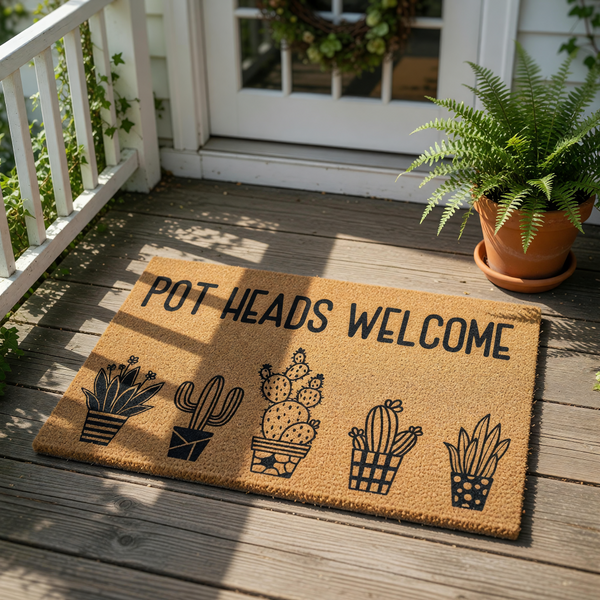 Cactus welcome doormat with funny Pot Heads Welcome text and black line art succulents, this natural coir fiber outdoor entry rug is a humorous housewarming gift for plant lovers and gardeners looking for unique front porch decor.