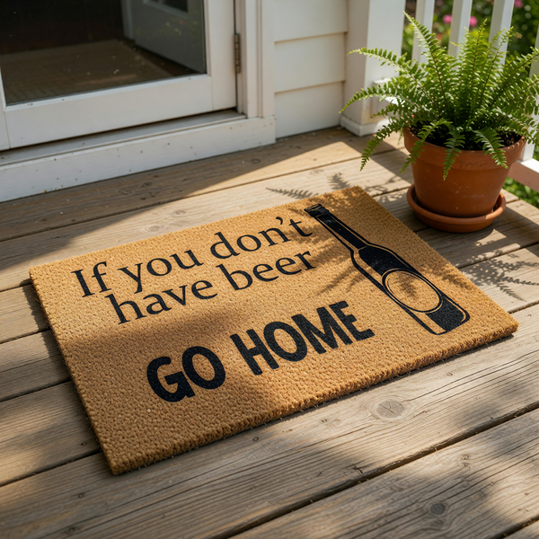 Funny beer doormat with a brown coir texture and black text that reads If you don't have beer GO HOME, featuring a beer bottle graphic for a humorous front porch welcome mat or outdoor entryway rug for any home bar or patio.