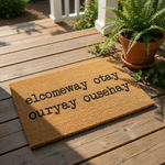 Pig Latin Welcome To Our House doormat featuring a natural coir fiber texture with bold black text, this funny front porch welcome mat is a durable outdoor rug for your entryway, home decor, or a unique housewarming gift for new