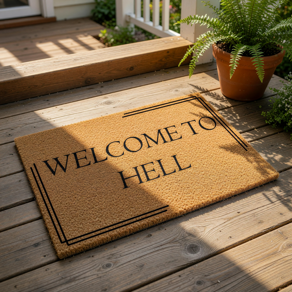 Funny Welcome to Hell doormat featuring bold black text on a natural coir fiber mat, perfect for a sarcastic front porch decor or a humorous housewarming entry rug that adds a bold personality to your home entrance and outdoor