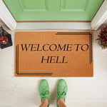 Funny Welcome to Hell doormat made of natural coir fiber, featuring bold black text and modern line accents for a sarcastic front porch decor look that adds humor to your home entrance and entryway floor mat collection.