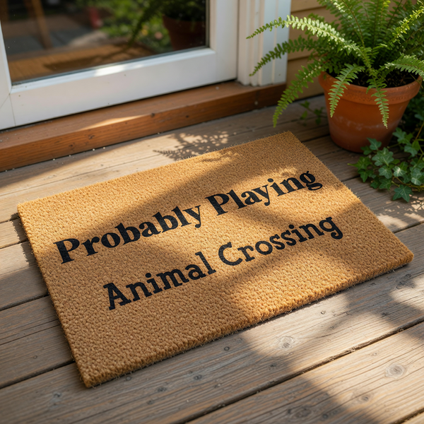 Funny gaming doormat featuring the text Probably Playing Animal Crossing on a natural coir fiber welcome mat, perfect for a gamer front porch decor or a housewarming entry rug for video game fans who love cozy island life games.