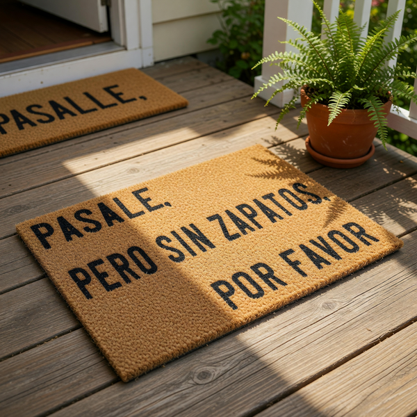 Spanish language coir doormat with black text reading Pasale, pero sin zapatos, por favor, a funny welcome mat for your front porch entry that keeps your home clean and serves as a humorous housewarming decor piece for any