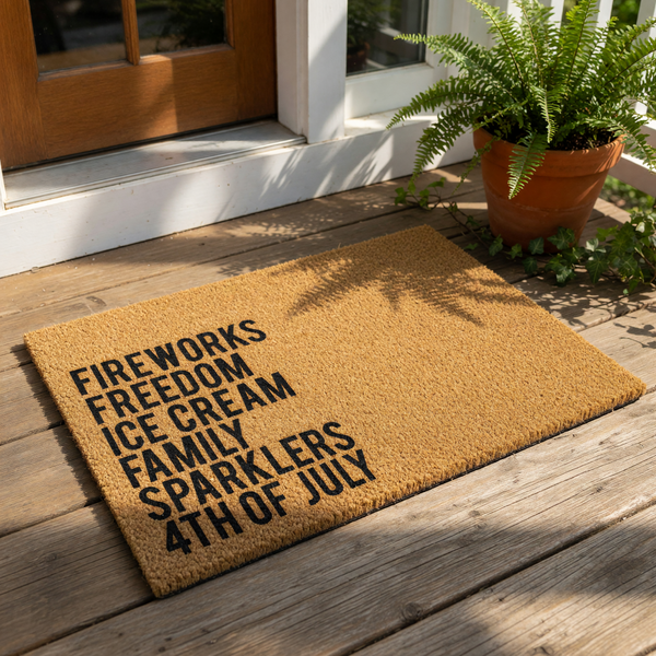 Fourth of July coir doormat featuring black text listing fireworks, freedom, ice cream, family, and sparklers on a natural fiber welcome mat, perfect for patriotic summer porch decor and outdoor entryway floor covering for the