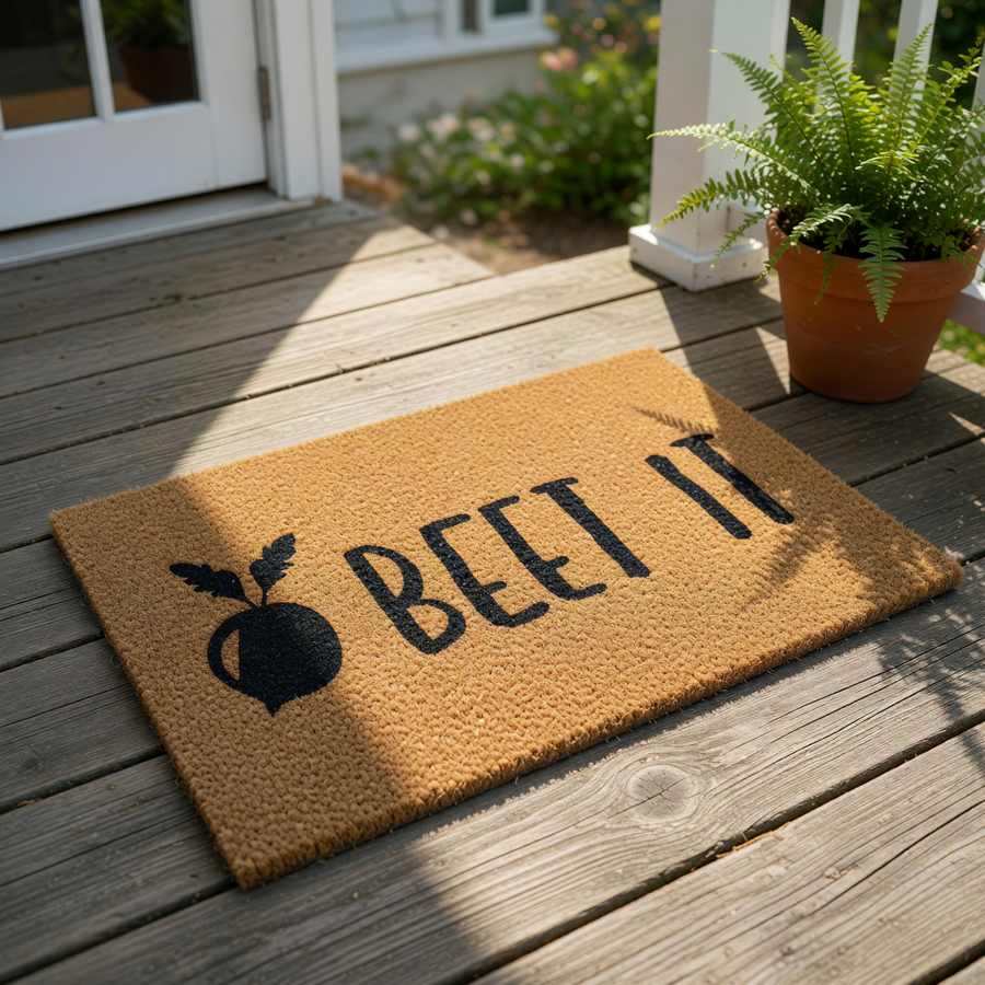 Beet It funny doormat featuring a vegetable graphic on natural coir fiber, this punny welcome mat makes a great front porch decor piece for gardeners or anyone who loves clever kitchen humor and unique outdoor entryway floor mats.