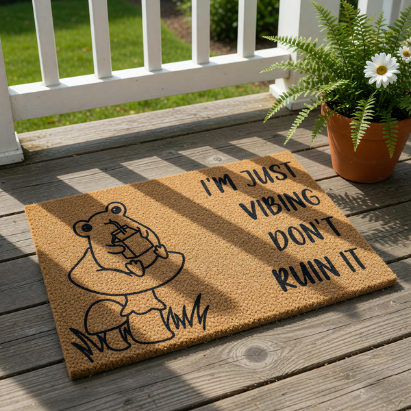 Funny frog doormat featuring a cute illustration of a frog sitting on a mushroom drinking from a juice box, with the text I'm Just Vibing Don't Ruin It printed on this natural coir fiber welcome mat for a quirky home entryway