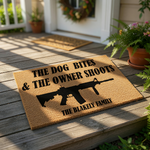 Funny custom doormat featuring a rifle graphic and the text The Dog Bites and The Owner Shoots, this personalized coir welcome mat is a humorous home decor piece for gun owners and dog lovers looking for a unique front porch