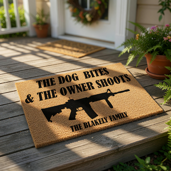 Funny custom doormat featuring a rifle graphic and the text The Dog Bites and The Owner Shoots, this personalized coir welcome mat is a humorous home decor piece for gun owners and dog lovers looking for a unique front porch
