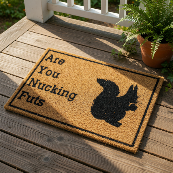 Funny squirrel doormat with a natural coir texture and black border, featuring a silhouette of a squirrel and the humorous text Are You Nucking Futs, making this a perfect cheeky welcome mat for your front porch or entryway decor.