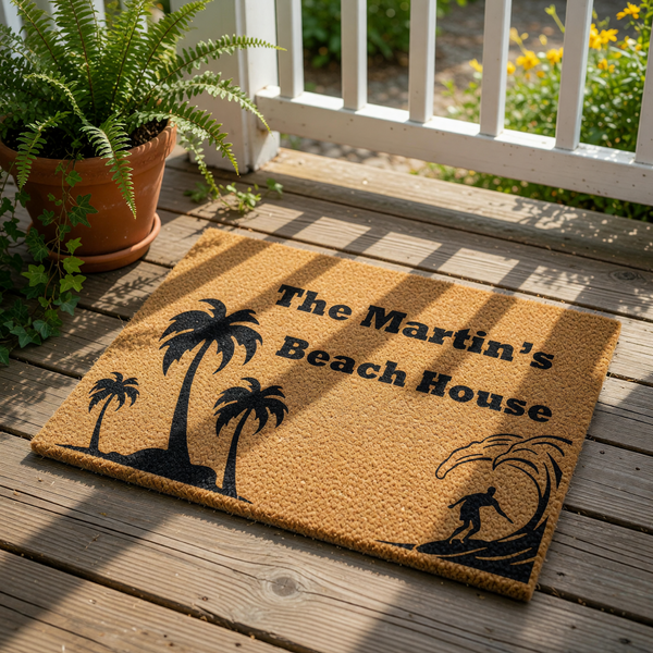 Personalized beach house doormat featuring a tropical palm tree and surfer design on natural coir fiber, this custom welcome mat is a durable outdoor floor rug for your coastal home entrance or summer vacation property decor.