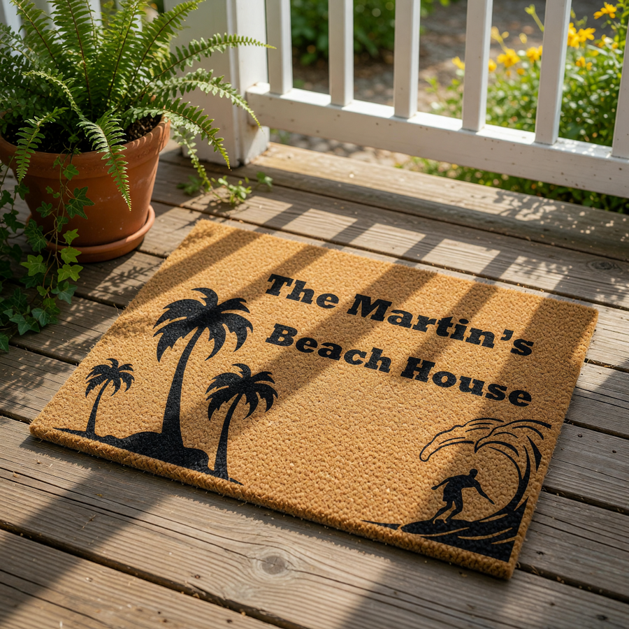 Personalized beach house doormat featuring a tropical palm tree and surfer design on natural coir fiber, this custom welcome mat is a durable outdoor floor rug for your coastal home entrance or summer vacation property decor.