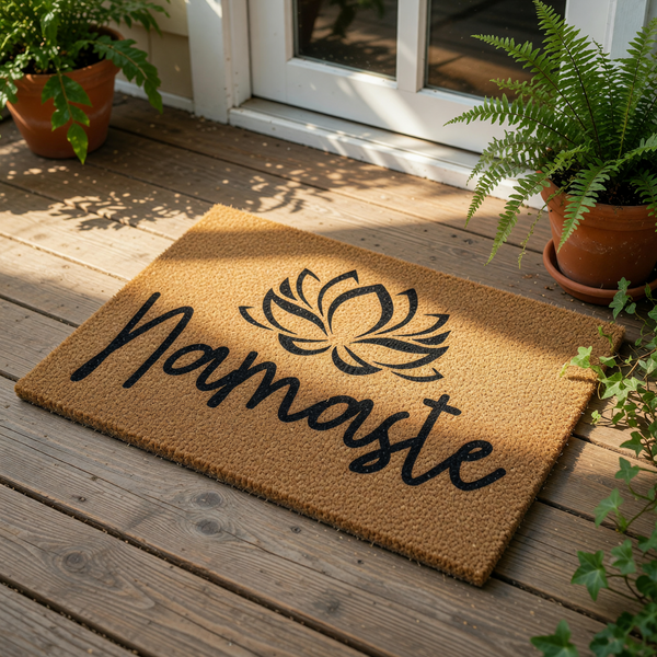 Namaste lotus flower doormat featuring a natural coir fiber texture with a black printed yoga design, perfect as a front porch welcome mat for meditation lovers or a housewarming entry rug for a peaceful home entrance.