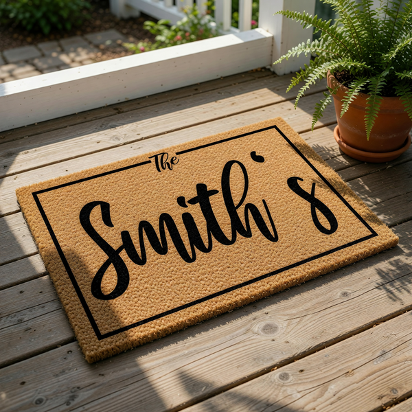 Personalized family name coir doormat featuring a black rectangular border and elegant script text on a natural fiber welcome mat, perfect for a custom housewarming entry rug or a durable outdoor front porch floor covering.
