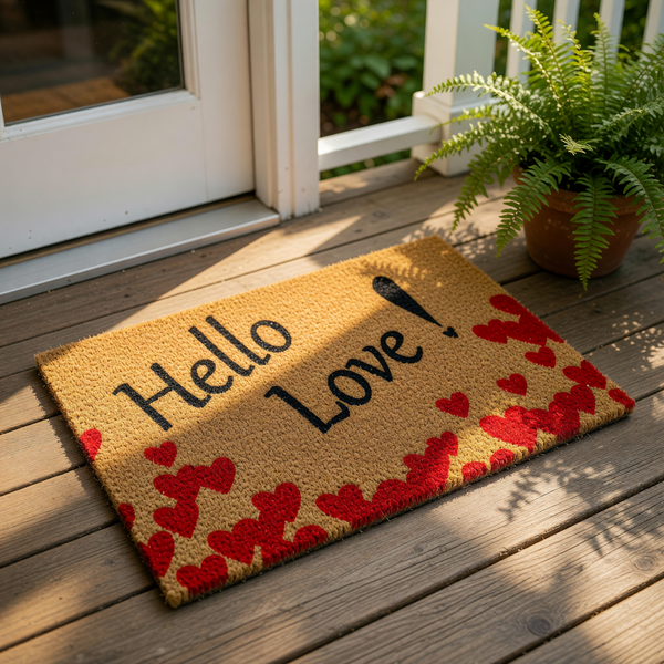 Hello Love doormat with red hearts, a natural coir fiber welcome mat for front porch decor.