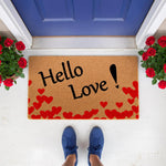 Hello Love doormat with red hearts, a natural coir welcome mat for front porch decor.