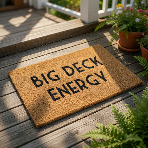 Funny Big Deck Energy doormat featuring bold black text on a natural coir fiber welcome mat, perfect for a patio, porch, or outdoor entryway decor that adds a humorous touch to your home entrance and outdoor living space.