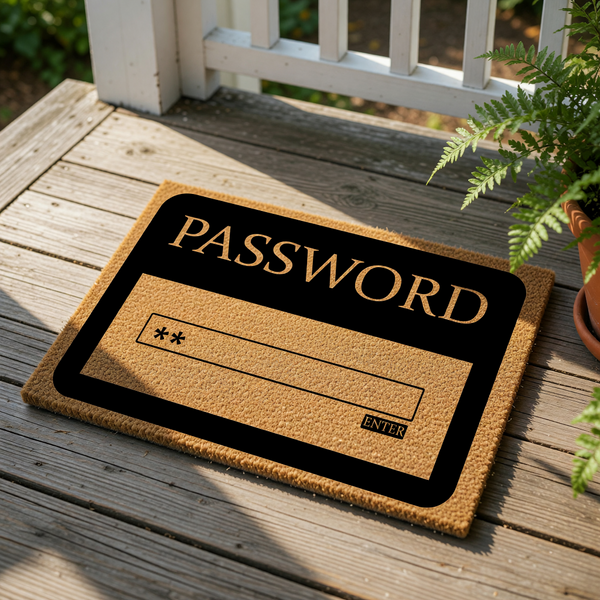 Password entry doormat featuring a funny computer login design on natural coir fiber, this unique welcome mat makes a clever front porch decor piece for tech lovers and gamers looking for a humorous housewarming gift for their
