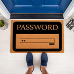 Funny Password doormat for front porch, a natural coir welcome mat featuring a computer login screen design with asterisks and an enter button, perfect for tech lovers and home decor enthusiasts looking for a unique entryway
