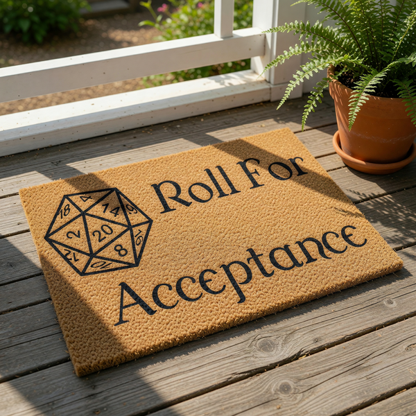 Roll For Acceptance doormat featuring a twenty-sided die graphic, this natural coir welcome mat is a fun gaming room decor piece for tabletop roleplaying fans who want a unique front porch entrance rug for their home or apartment.